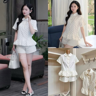 Áo sơ mi cổ sen chấm bi phối viền bèo tiểu thư JOLY, áo kiểu nữ, Lipeo.store