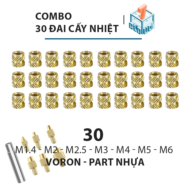 30 Ốc cấy nhiệt đồng M1.4 M2 M2.5 M3 M4 M5 M6, Tán Ren Cấy Gắn Nhựa, Voron, cấy nhựa, ecu cấy đồng