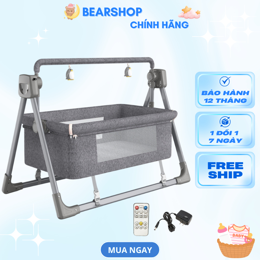 Nôi điện cho bé, nôi cho trẻ sơ sinh tặng kèm màn và nệm, có điều khiển từ xa kèm nhạc bluetooth, nôi gấp gọn đa năng