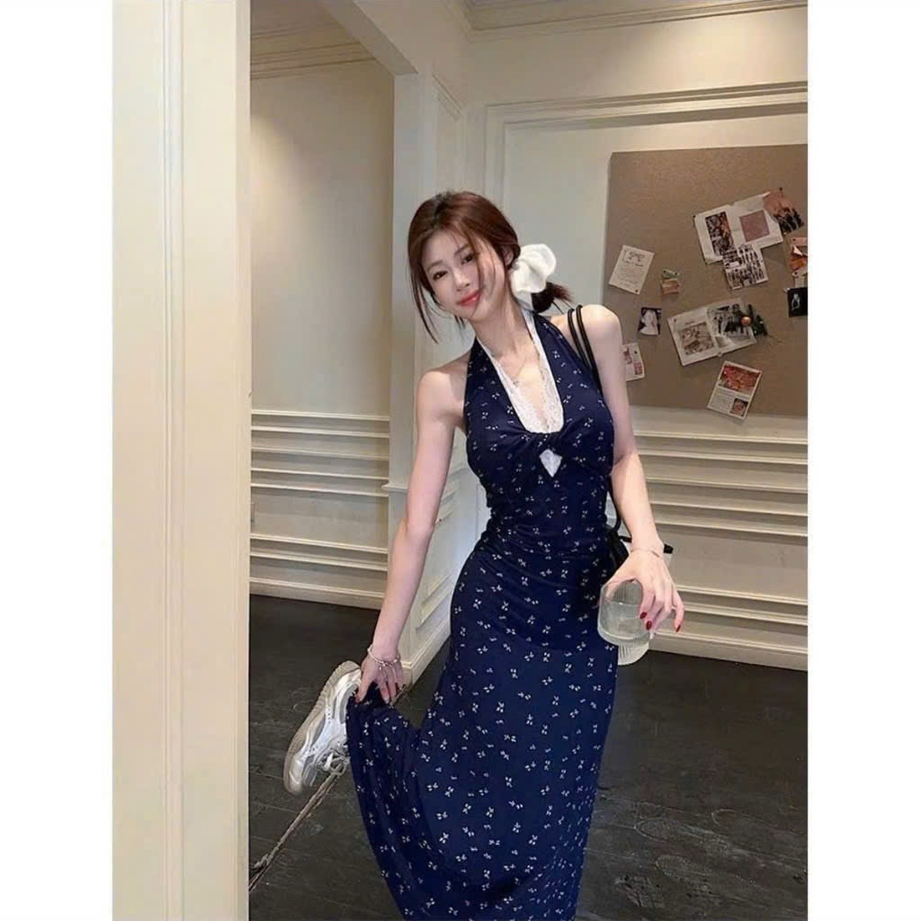 Váy Body Cổ Yếm Xoắn Viền Ren Xanh Navy Hoạ Tiết Hoa Nhí Dáng Ngắn-Dài Hot Kieupham.shop | BigBuy360 - bigbuy360.vn