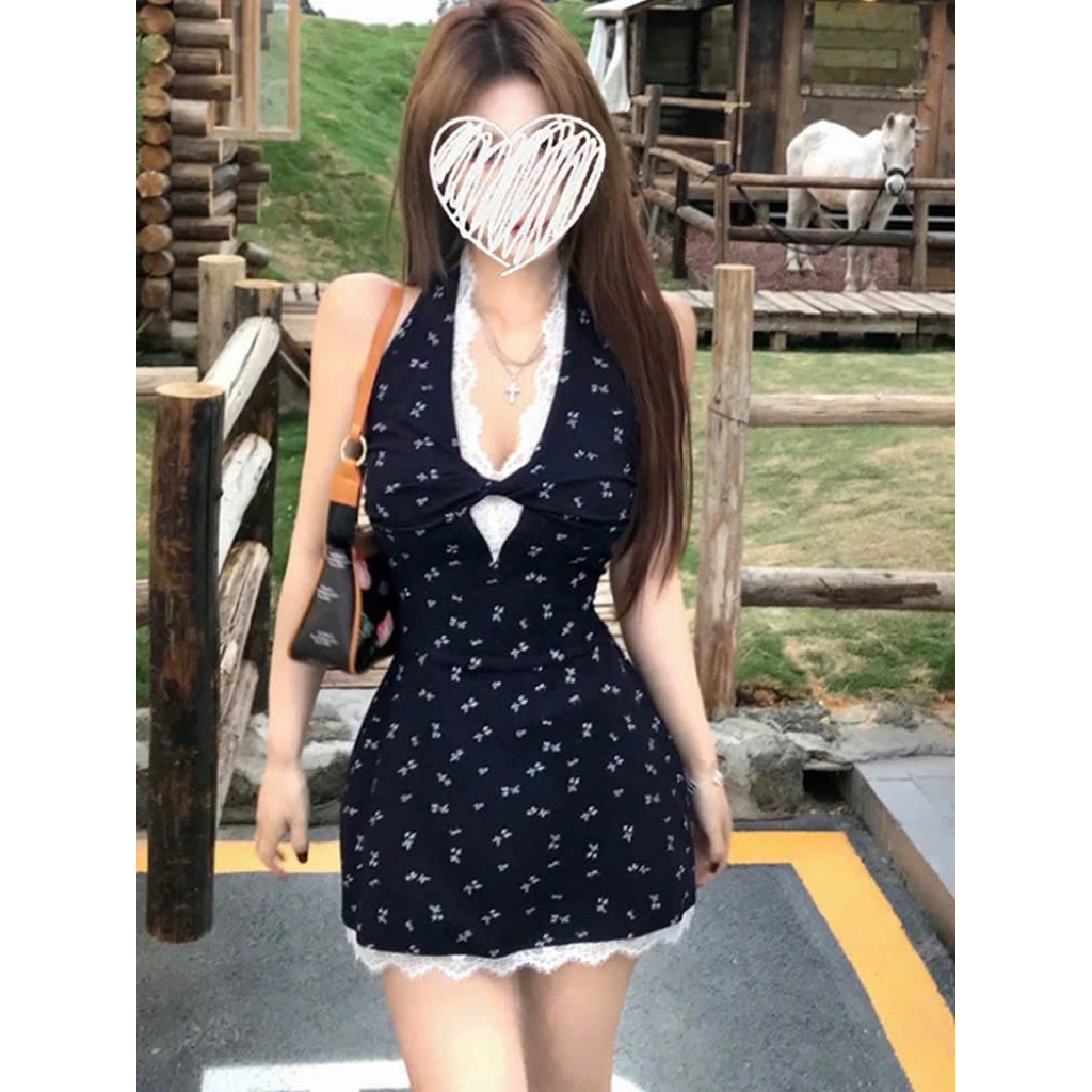 Váy Body Cổ Yếm Xoắn Viền Ren Xanh Navy Hoạ Tiết Hoa Nhí Dáng Ngắn-Dài Hot Kieupham.shop | BigBuy360 - bigbuy360.vn