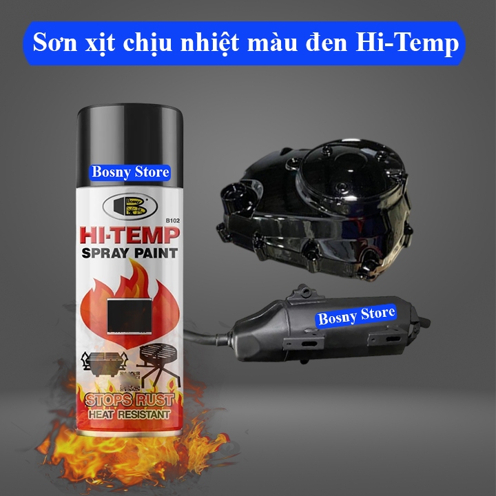 Sơn chịu nhiệt, đen nhám, đen bóng Hi-temp Bosny, sơn pô, xe máy, lốc máy