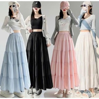 Chân váy dài, chân váy xếp ly lưng chun dáng dài maxi 90-100cm màu trắng kem đen xanh hồng đi biển du lịch - RUBY