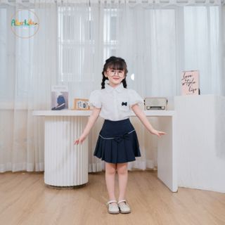 Áo sơ mi trắng bé gái ALBERKIDS đính nơ túi cho trẻ em 4-12 tuổi A0901