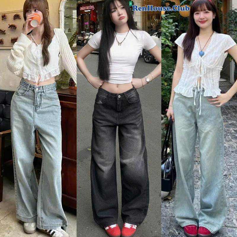 Quần jeans bò ống rộng Renhouse vải denim màu Đen wash màu Xanh nhạt chất jeans mềm mặc mùa hè mát ố