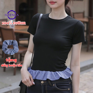  Áo baby tee cộc tay cổ tròn bèo gấu ôm body nữ thun cotton đen trắng ozenka  áo thun basic nữ kiểu hàn quốc mặc hè 