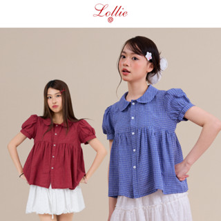 LOLLIE STUDIO - Áo sơ mi cổ sen kẻ tay bồng cúc hoa Anne Shirt TKA421