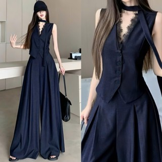 Set bộ thiết kế áo Gile viền phối ren dáng ôm phối quần tây giá váy dáng rộng - T3214