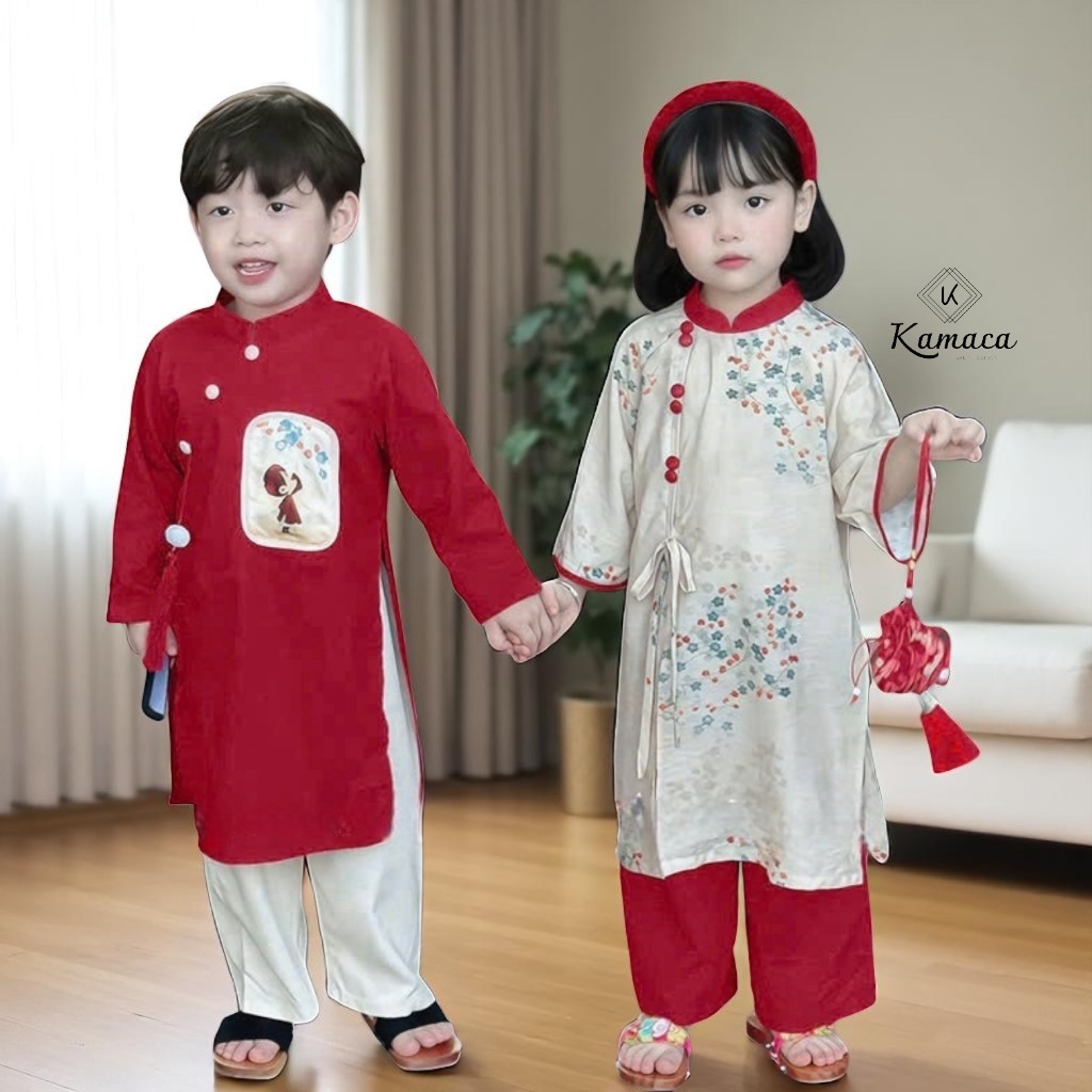 AD40 Áo dài cách tân Tết Cát Tường KAMACA quần áo dài Tết cho bé trai bé gái dễ thương