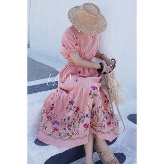  Set váy maxi gồm Áo croptop bo chun và Chân váy  có lót có túi   vải Linen Thêu hoa 