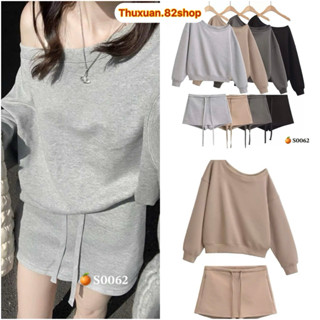 Set bộ nỉ 2 da gồm áo lệch vai dài tay mix với chân váy dáng ngắn rút dây trẻ trung năng động 4 màu đen xám nude hot hit