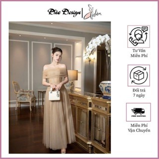 Đầm trễ vai Đào design cúp ngực phối chân váy voan bồng xoè dáng dài, thiết kế thanh lịch