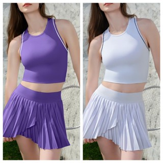 [ Hàng order sẵn tím L đen L] Set tập pickleball cho nữ áo crop top và chân váy mini xếp li