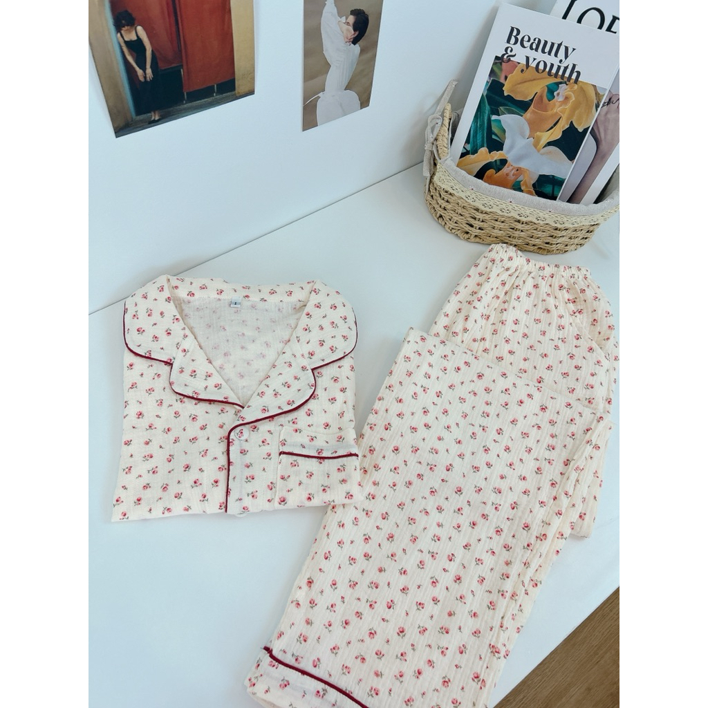 Đồ bộ mặc nhà pyjama quần dài tay cộc vải xô muslin mềm mại