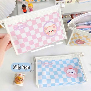 Túi Đựng Bút Tam Giác Da PU Mềm Mịn Kẻ Caro Size Lớn Hot Trend Cute Bóp Viết Chống Nước