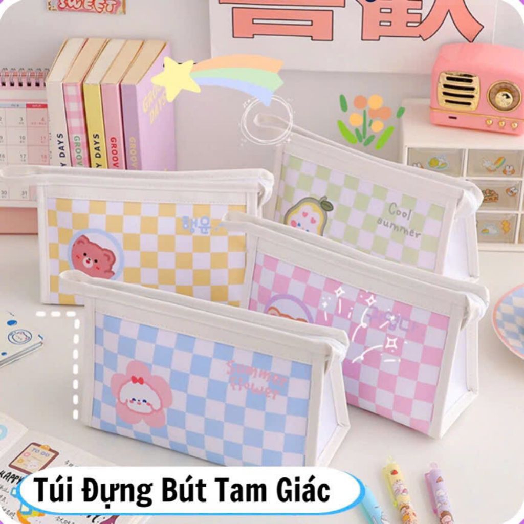 Túi Đựng Bút Tam Giác Da PU Mềm Mịn Kẻ Caro Size Lớn Hot Trend Cute Bóp Viết Chống Nước