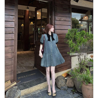  Váy Đầm Babydoll Cộc Tay Phối Cổ Nơ Viền Nhung Váy Dáng Suông Dập Ly Cách Điệu-Zinna Store 