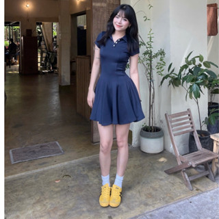  Đầm thun dáng xòe nữ cổ polo tay ngắn – Thiết kế basic tôn dáng mặc đi chơi đi làm siêu xinh 