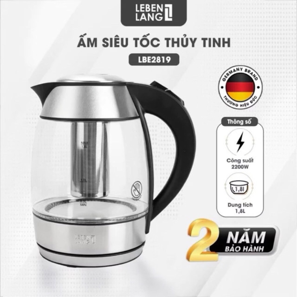 Ấm Siêu Tốc Thủy Tinh Lebenlang LBE2819 Dung tích 1.8L,Kèm Lõi Lọc Trà - Bảo Hành Chính Hãng