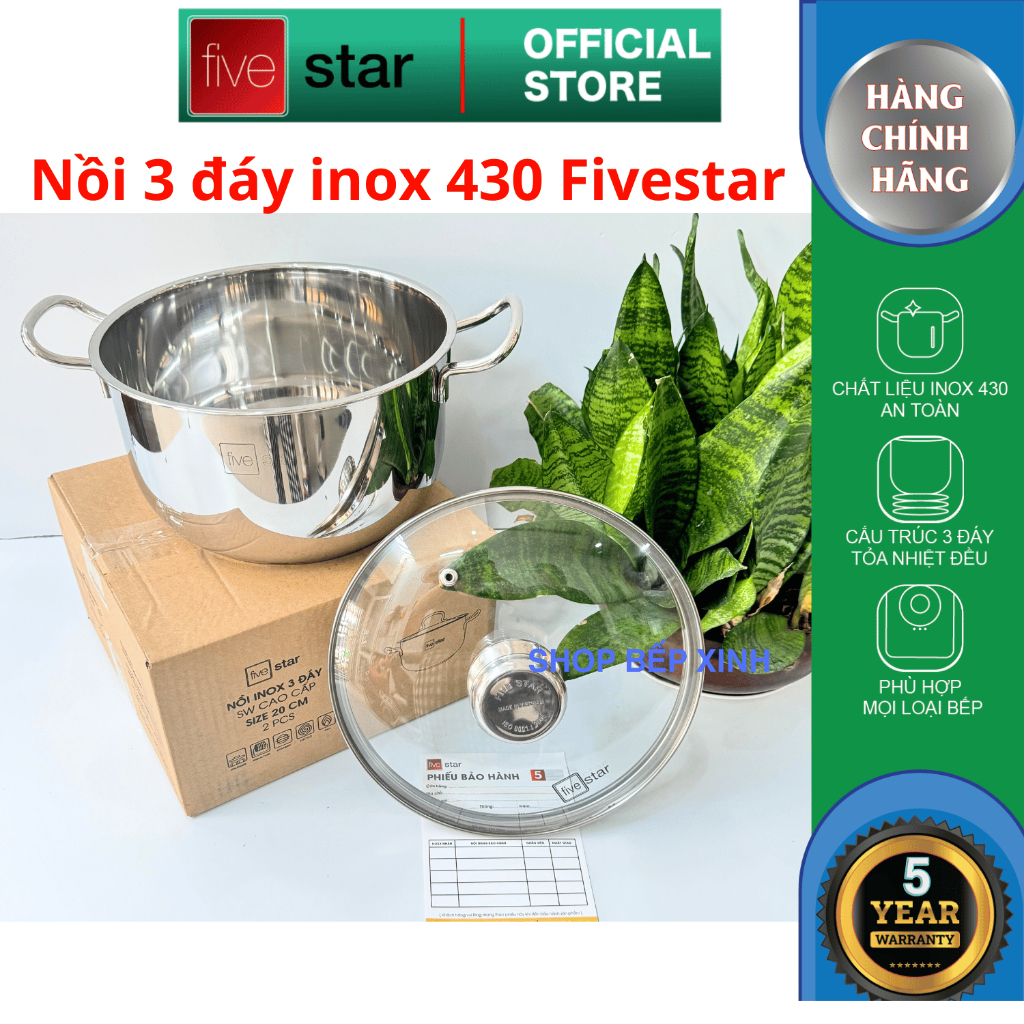 Nồi inox 3 đáy sandwich inox 430 cao cấp Fivestar Standard bếp từ nắp kính (16cm -24cm)