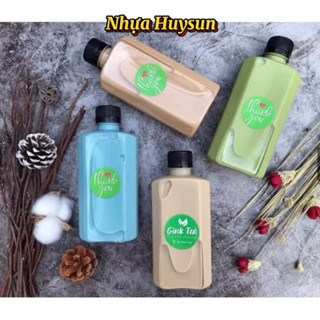 (Sỉ 30/50-100) Chai Nhựa Vuông Dẹp 330ml, dày dặn Kèm Nắp Chai Nhựa Trà sữa - Nhựa HuySun. Có Test Kiểm Định