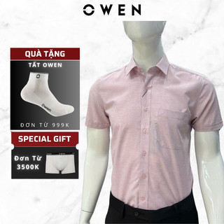  Áo Sơ Mi Nam Ngắn Tay Owen AB250079NT màu hồng dáng bodyfit chất liệu bamboo mềm mát 