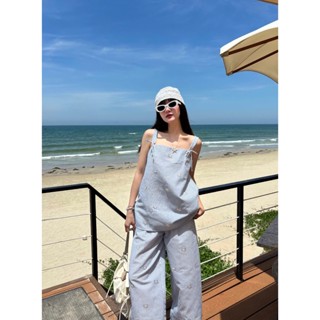 GERME Set đồ nữ Áo kiểu nữ hai dây dáng suông phối nơ Plady AVNH062502, Quần ống rộng suông dài vải dập Ore QVNH062502