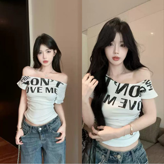 Áo trễ vai in chữ dáng ôm body tay ngắn trẻ trung năng động chất co giãn mặc thoải mái VANISA CT315