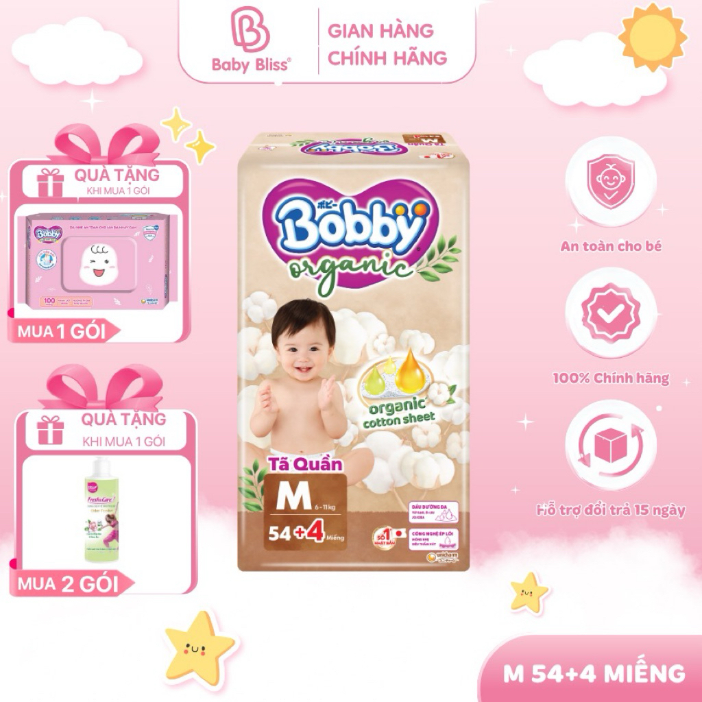 Tã quần cao cấp Bobby Organic chăm sóc dịu nhẹ từ thiên nhiên size M72/L60/XL56/XXL54, Bỉm quần Bobb