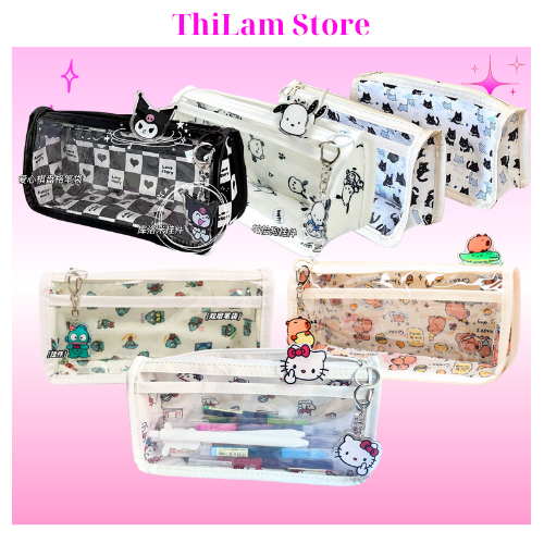 Túi đựng bút - Bóp viết 2 ngăn trong suốt hoạ tiết Kitty, Mèo đen, Capybara đáng yêu