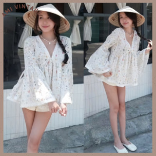 [ĐỦSIZE 38-70kg] Set Áo Hoa Nhí Cổ V BABYDOLL Phối Quần Sooc Tafta