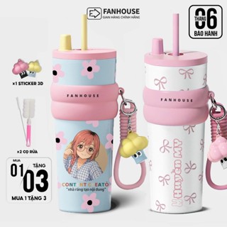 Bình giữ nhiệt khắc tên Fan House bình nước giữ nhiệt 12h inox 316 ống hút tiện lợi 710ml tặng charm 3d, bộ rửa bình