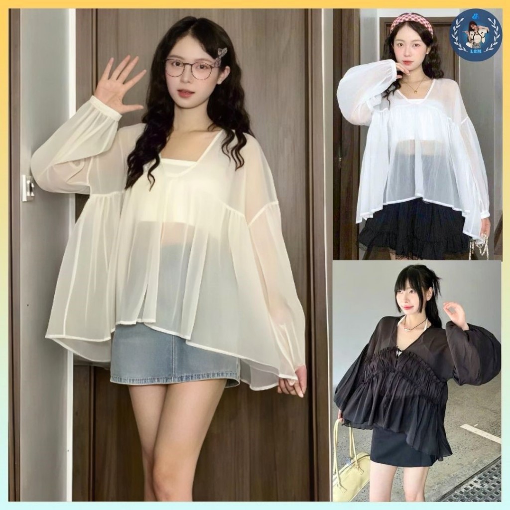 💥[A428] SET (2 MÓN) áo kiểu nữ BABYDOLL voan tơ MỎNG NHẸ tặng kèm lót trong xinh xắn - L2M