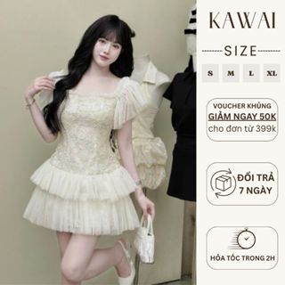 Đầm váy đi tiệc chất ren hoa cổ vuông tay phối lưới ren dáng xoè bồng tầng tiểu thư sang trọng K36