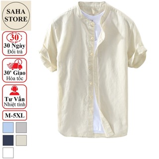Áo sơ mi nam ngắn tay SAHA311 chất linen đũi trơn nhẹ thoáng mát đẹp cổ tàu trụ trắng xanh dương xám nhạt than be