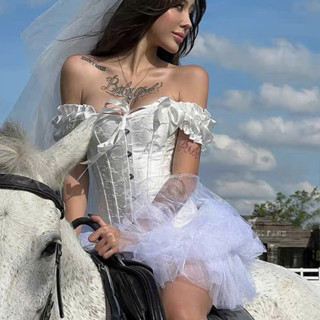 Set Áo Váy Corset Trễ Vai Thêu Vân Nổi Cổ Điển Cực Sang