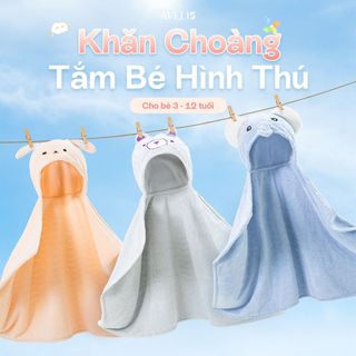 Khăn Choàng Tắm Hình Thú Avelis 80x120cm – Mềm Mịn, Thấm Hút Tốt, Cực Cute, Cho Bé 3‑12 Tuổi
