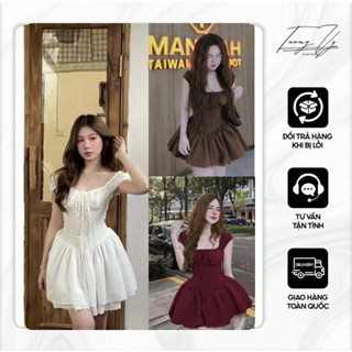 (có bigsize- 4 lớp bồng xoè) Váy tiểu thư cổ vuông vải đũi dày phối nơ dạo phố, đi biển  by Tườngg Vyy Storee