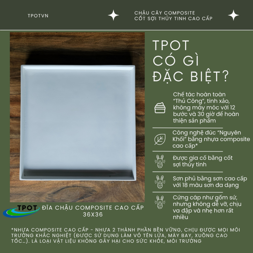 Đĩa Nhựa Composite lót chậu cây, hứng nước TPOT - Vuông 36x36