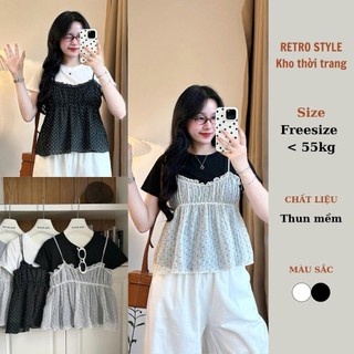  Set Áo Phông Trắng Mix Yếm Bèo Chấm Bi 247store Nữ Tính Dễ Thương 