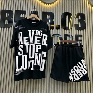 (B013) Bộ quần áo cộc unisex nam nữ Never - DQS, áo phông form rộng in họa tiết Never mix quần đùi gió 2 lớp DSQ