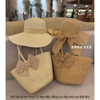 Combo Túi Cói Nơ Xếp Phối Mũ Cói Nơ Vạt Đi Biển