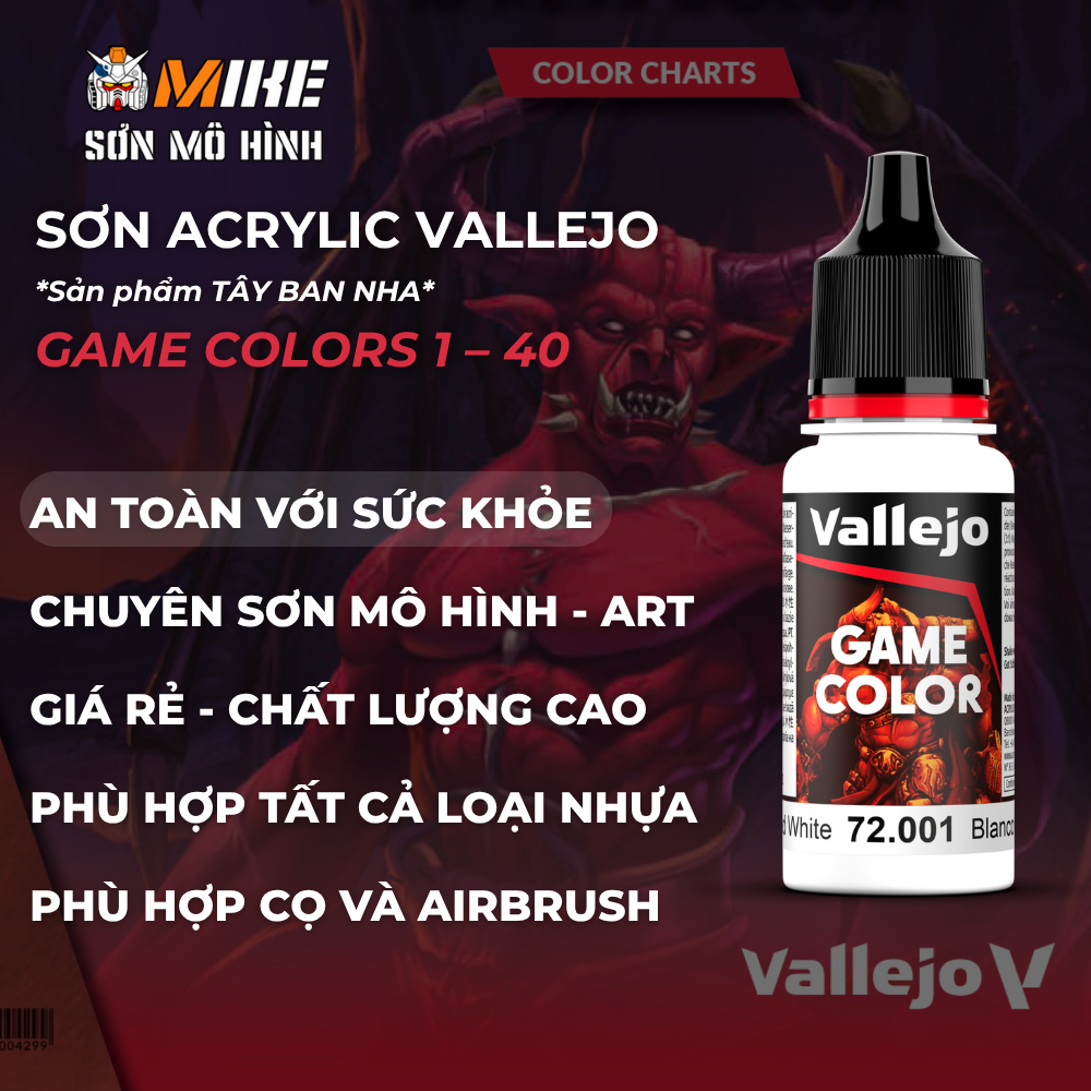 Sơn VALLEJO 1-40 gốc nước ACRYLIC GAME COLOR 18 ml thân thiện môi trường cọ, airbrush, mô hình gunda