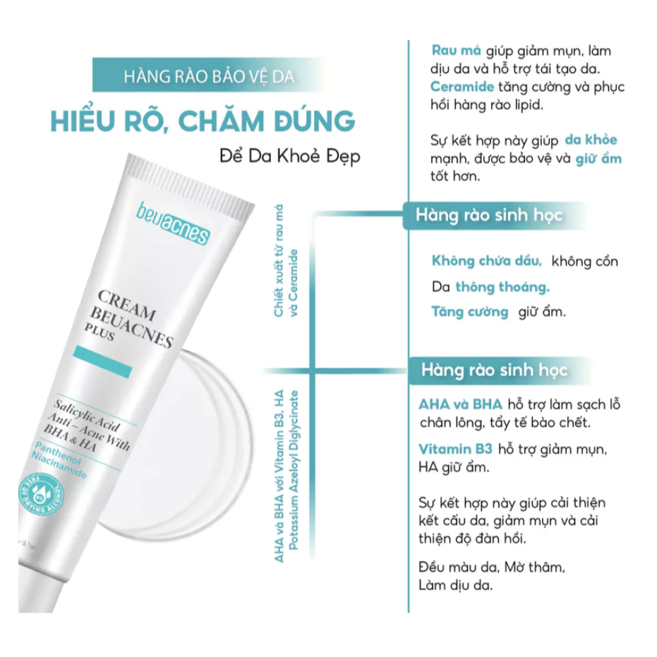 Kem giảm mụn nhanh 24h BEUACNES PLUS mụn trứng cá, chiết xuất rau má, hỗ trợ mờ thâm mụn 15g