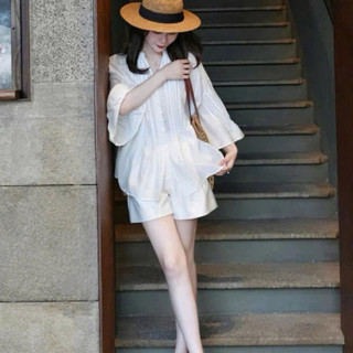 Set áo đũi tơ li dập tay lỡ form babydoll “KASA” mix quần short ống rộng diện đi biển,đi chơi,cafe siêu xinh-Dành Cho Nữ