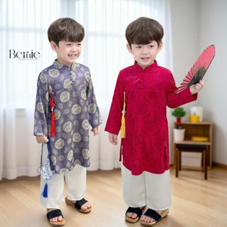 [8-22kg] Áo dài Tết lụa gấm BERNIE, quần áo dài cho bé trai đi chơi Lễ Tết, du Xuân chụp hình AD41