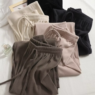 Quần ống rộng thun tăm Unisex kiểu quần dài ống suông cạp chun lưng cao có dây rút chỉnh eo