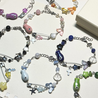 [thép không gỉ] Vòng tay cá mắt quỷ kết hợp Safety pin