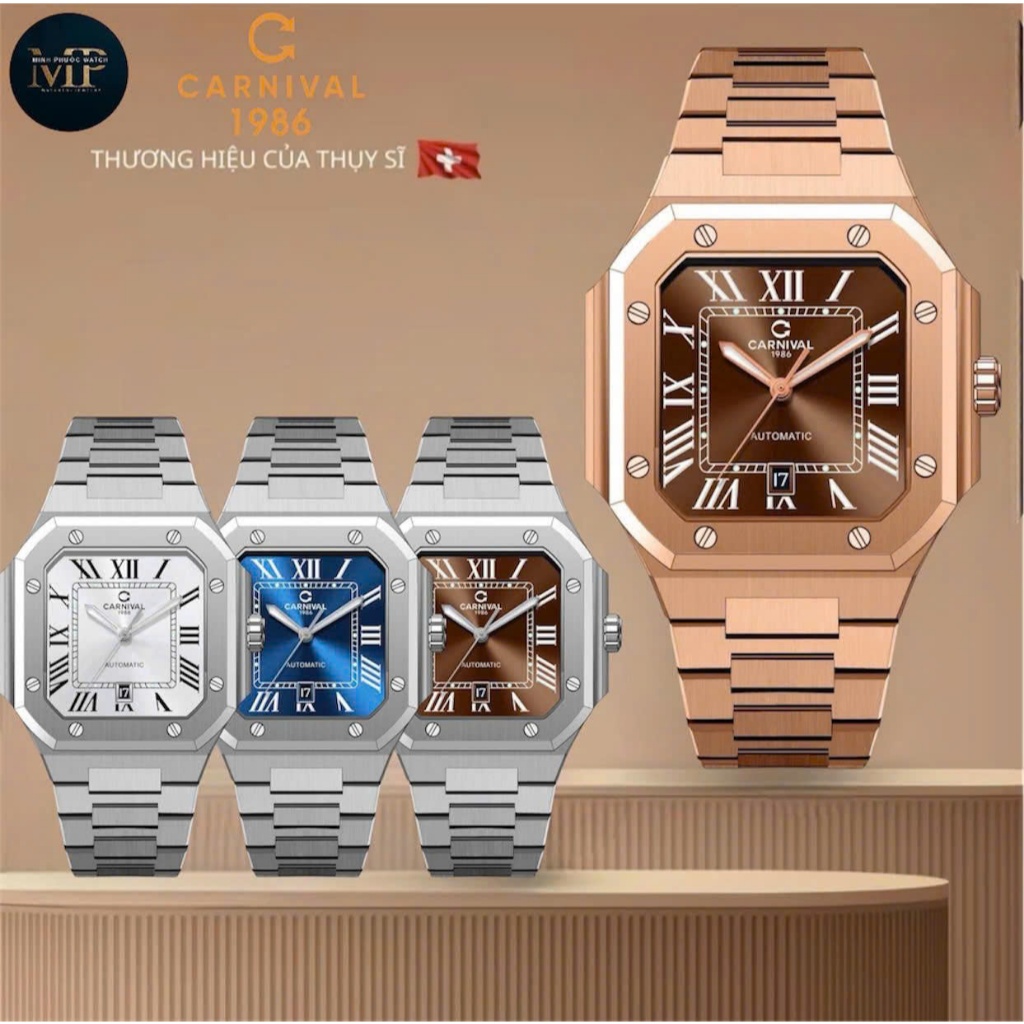 Đồng hồ nam Carnival 8169G cơ automatic tiểu Cubitus dây kim loại sang trọng [ MPWatch - Bảo hành 5 