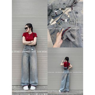 Quần Bò Jeans Nữ Ống Rộng, Quần Bò Denim Suông Ống Rộng Trơn Màu Xanh Phối Chỉ Đỏ Bản Cạp Cao Siêu Hách Dáng Cực Đỉnh